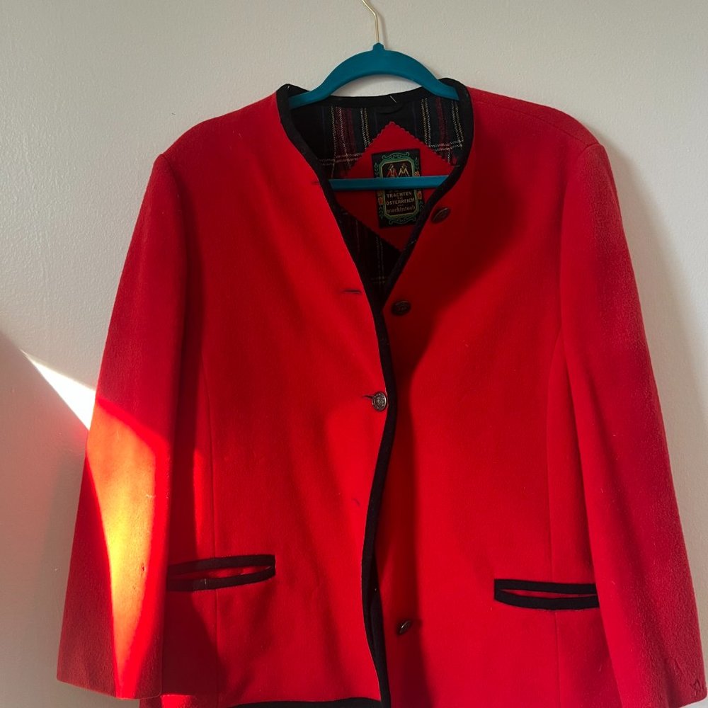 Vintage German Bright Red Blazer Jacket with Black Trim, Plaid inside